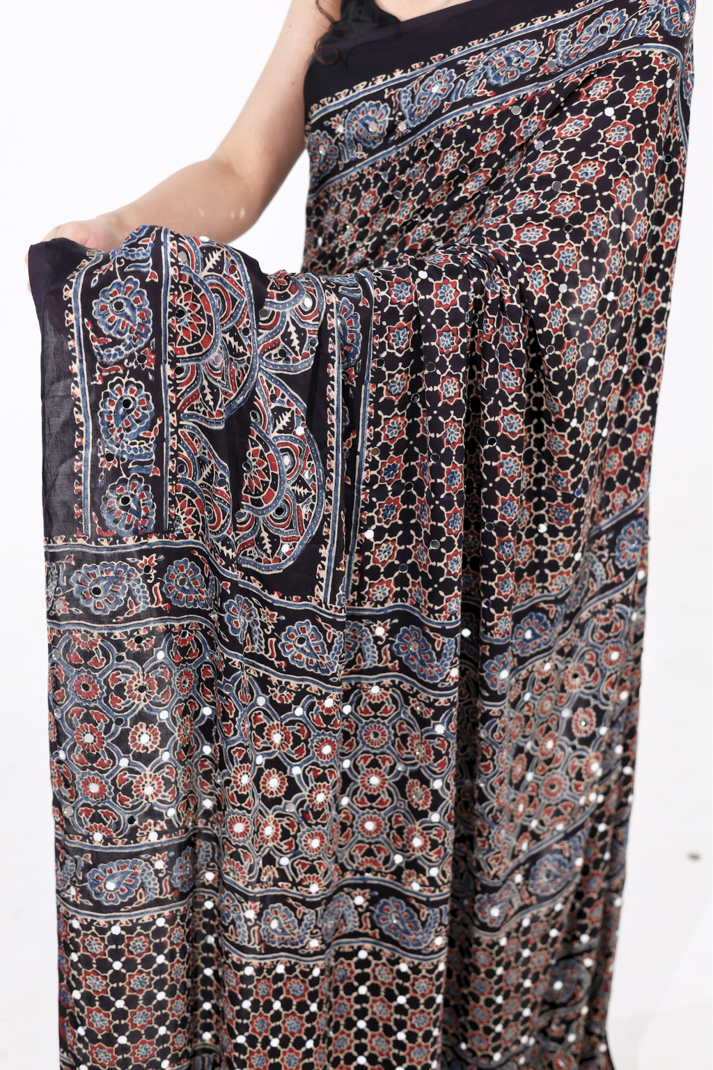 Sheesh Sanam - Charcoal Ajrakh Modal Silk Saree with 2000 Hand-Set Mirrors