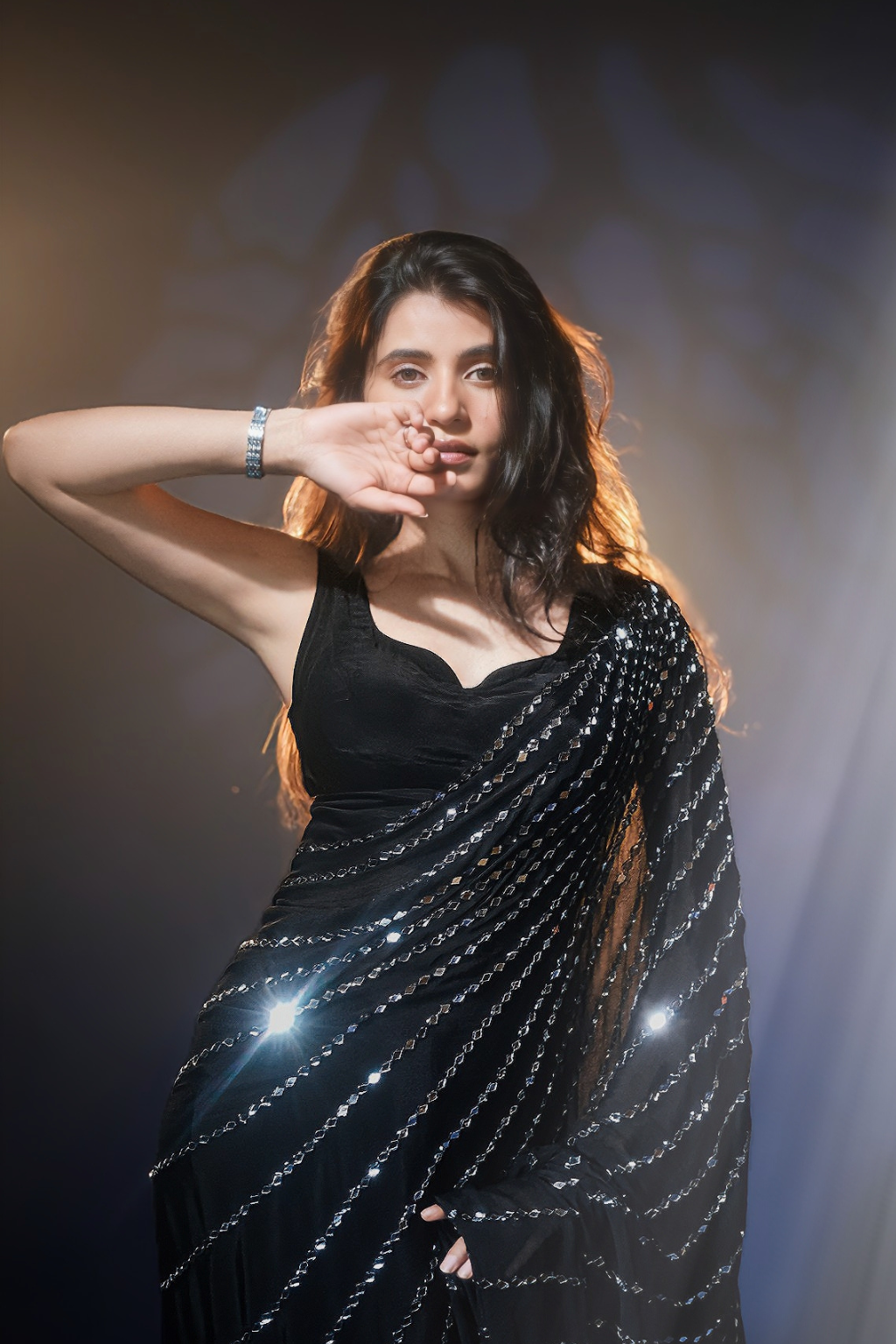 Aaina - Jet Black Chinon Saree with Real Handcrafted Mirror Work