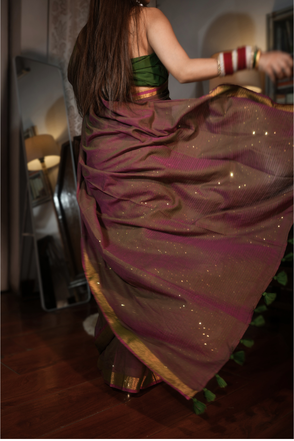 Kastoori Sitara - Deep Rust & Green Pure Mul Cotton Saree with Sequins and Zari Border