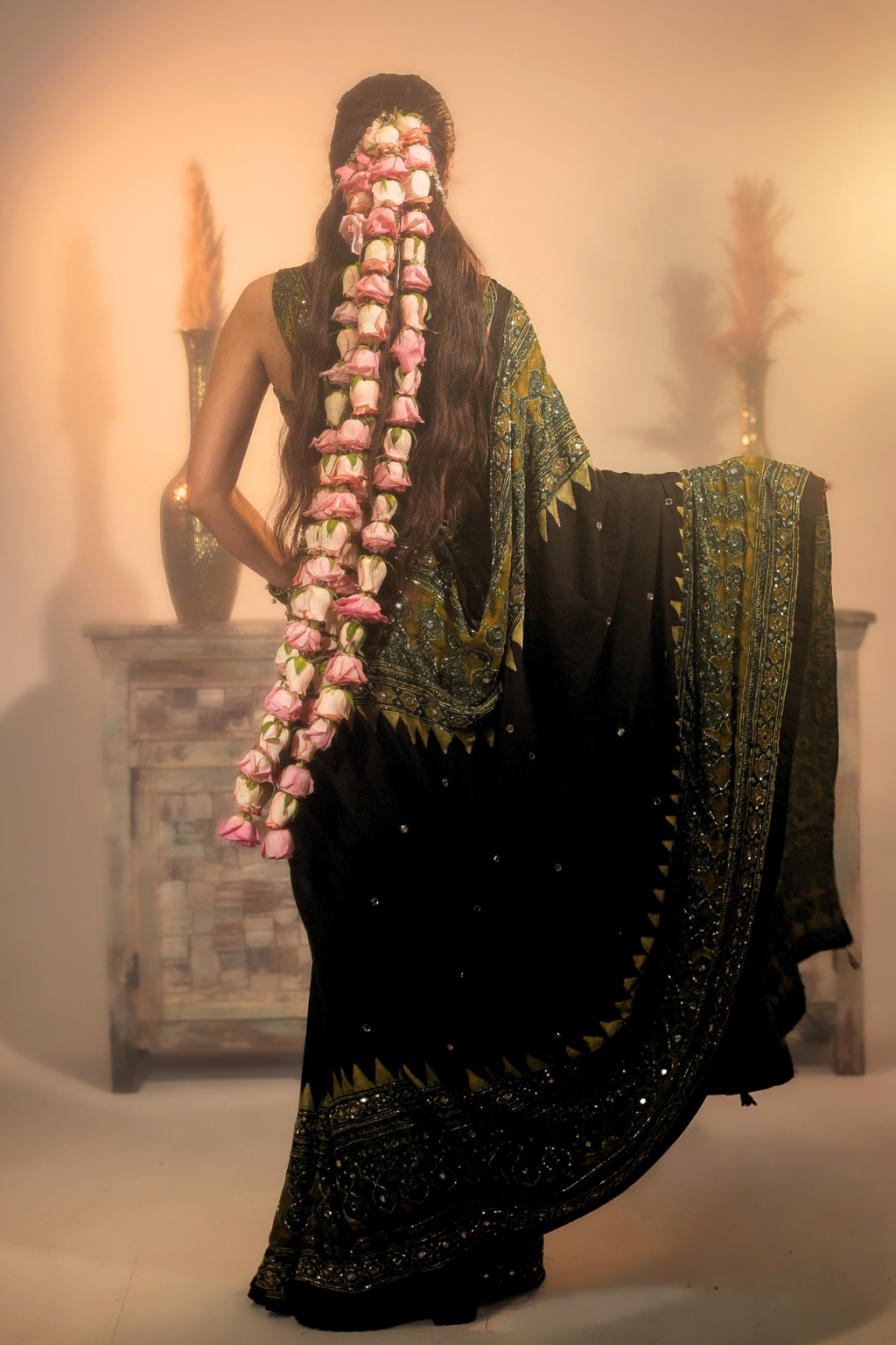 Heena - Handcrafted Ajrakh Saree with Real Mirror, Sequin & Cut-Dana Work