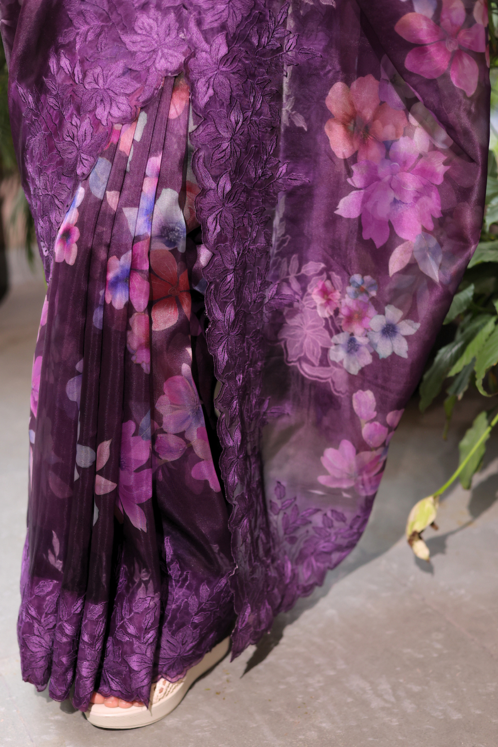 Gul-e-Bahar - Deep Purple Floral Kora Organza Saree with Scalloped Embroidery
