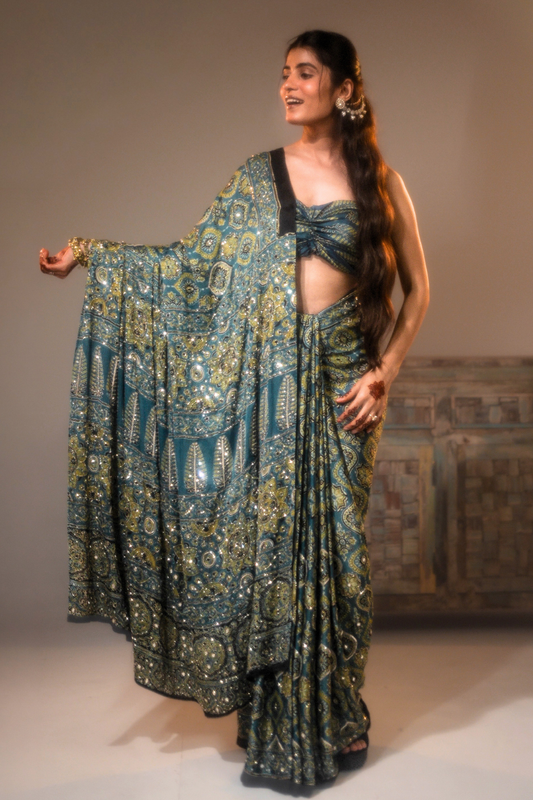 Sheesh Kohinoor - Slate Teal Handcrafted Ajrakh Modal Saree with Cut-Dana, Sequin & Mirror Work