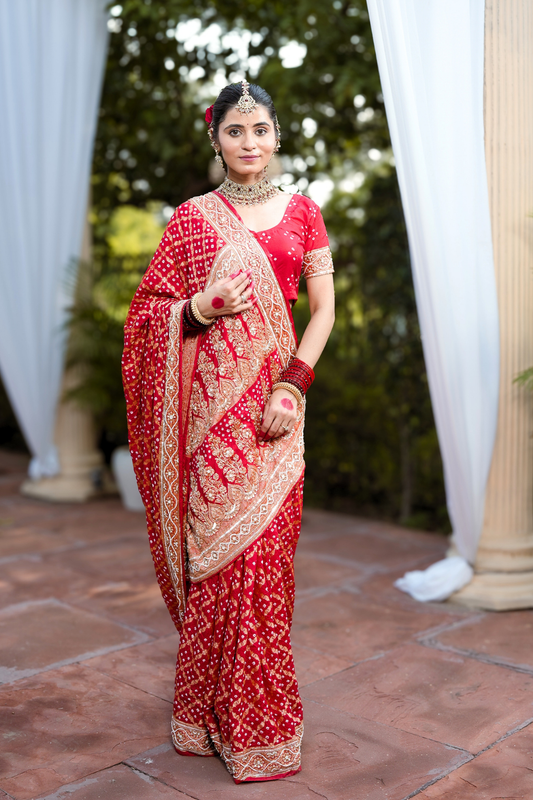 Riddhi - Traditional Red Handcrafted Bandhani Saree with Heavy Cut-Dana & Sequin Handwork
