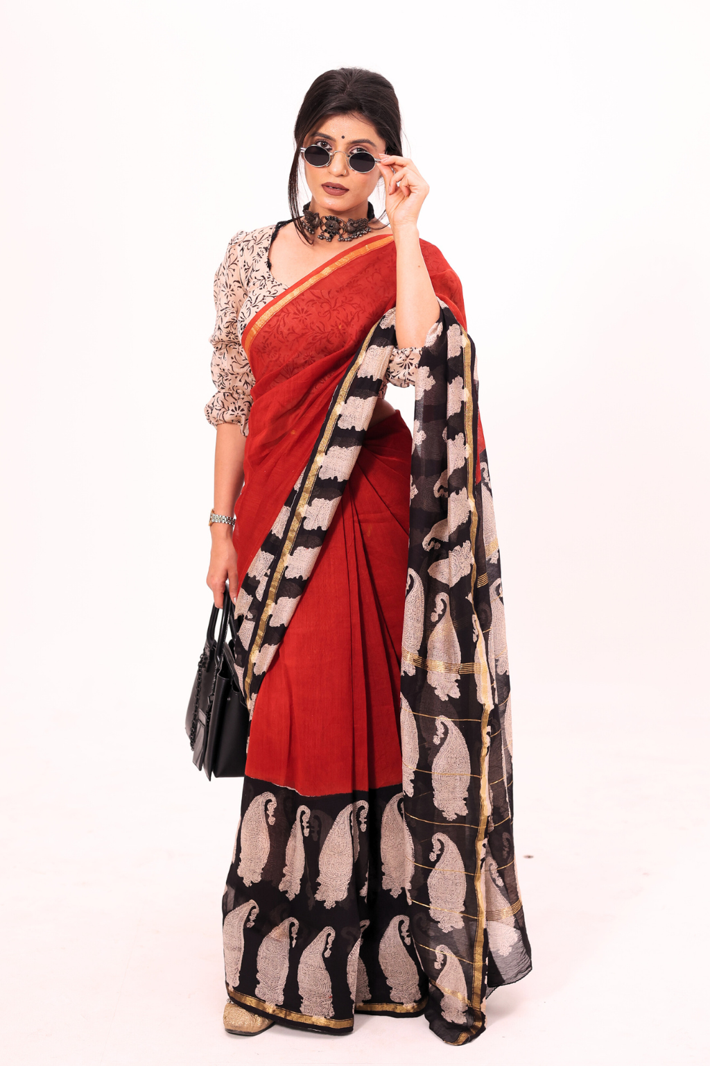 Piku – Earthy Red Chanderi Saree with Paisley Block Prints