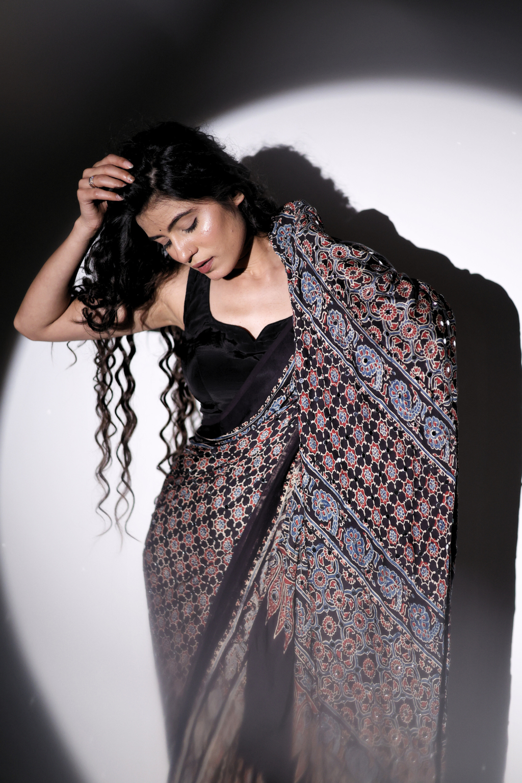 Sheesh Sanam - Charcoal Ajrakh Modal Silk Saree with 2000 Hand-Set Mirrors