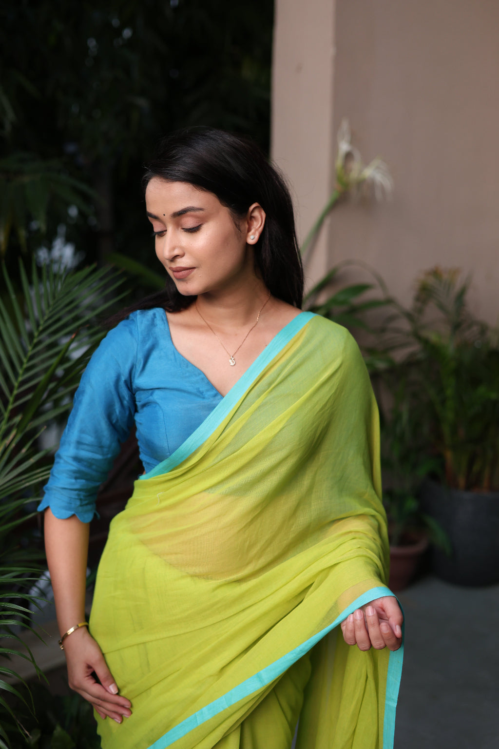 Hariyali - Lime Green Mul Cotton Saree with Blue Border