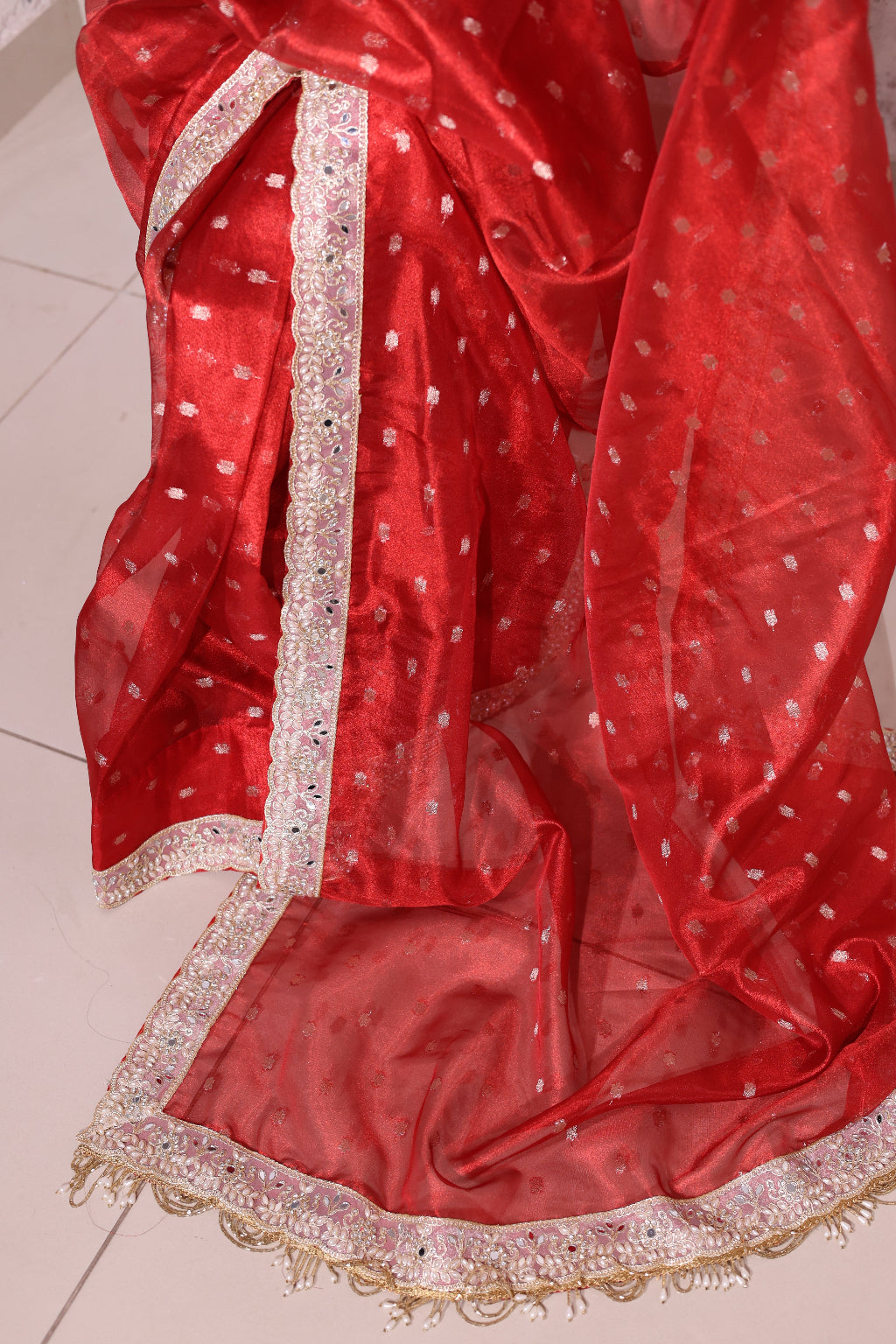 Shagun – A classic red banasri tissue saree with sparkling butis and a beautiful intricate border.