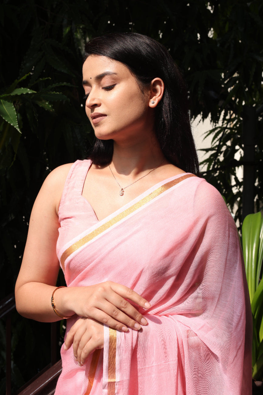 Gulabi - Soft Pink Mul Cotton Saree with Golden Zari