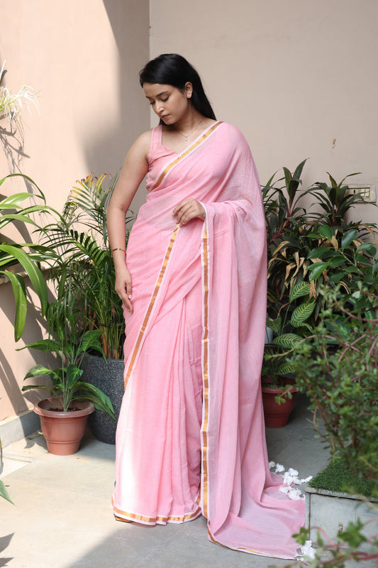 Gulabi - Soft Pink Mul Cotton Saree with Golden Zari