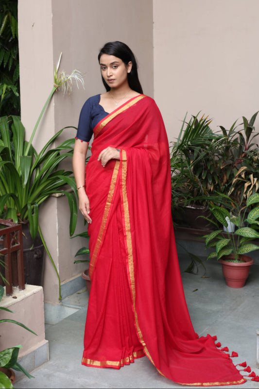 Laalima - Red Mul Cotton Saree with Golden Zari