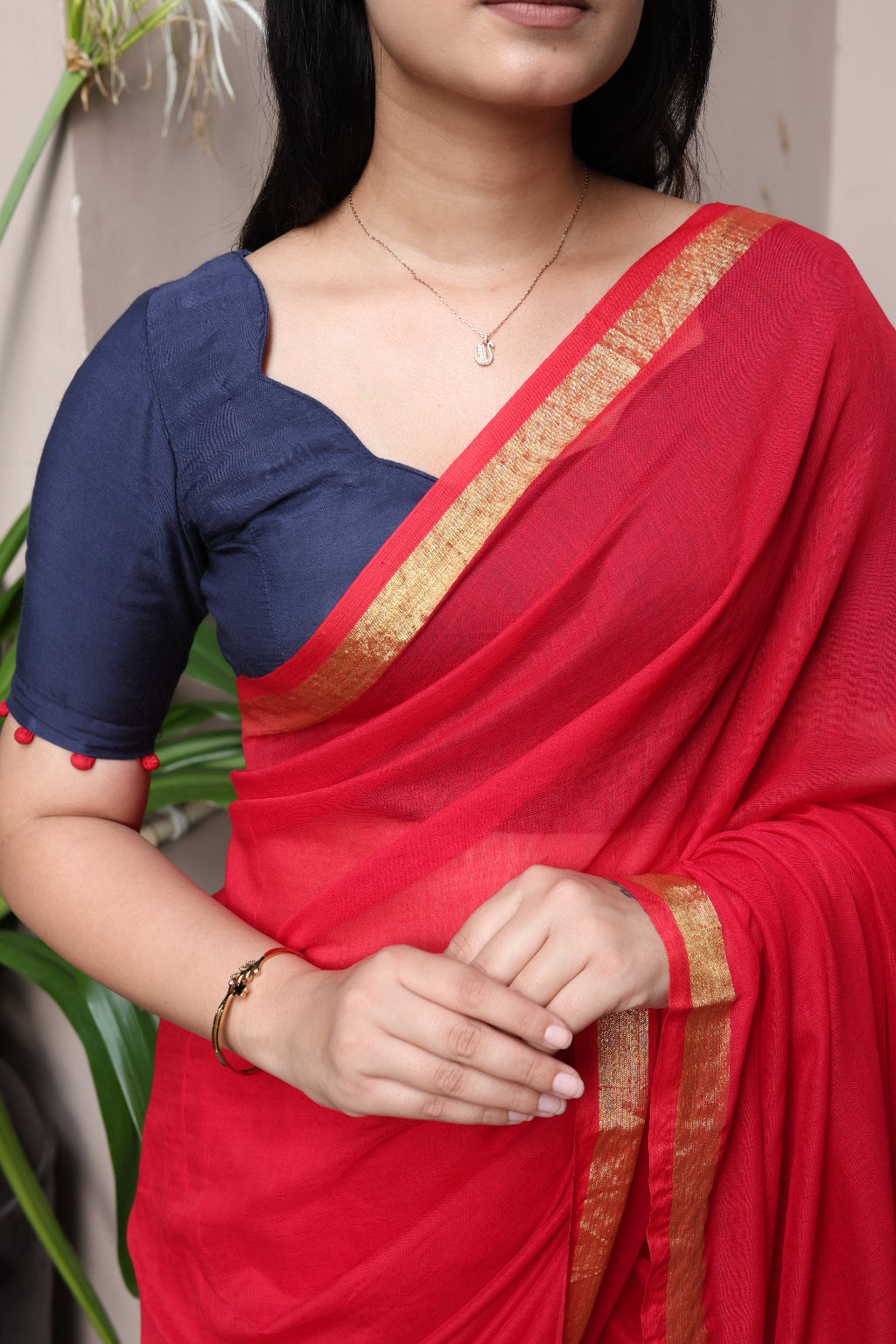 Laalima - Red Mul Cotton Saree with Golden Zari