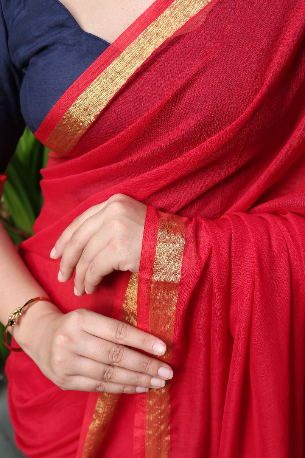 Laalima - Red Mul Cotton Saree with Golden Zari