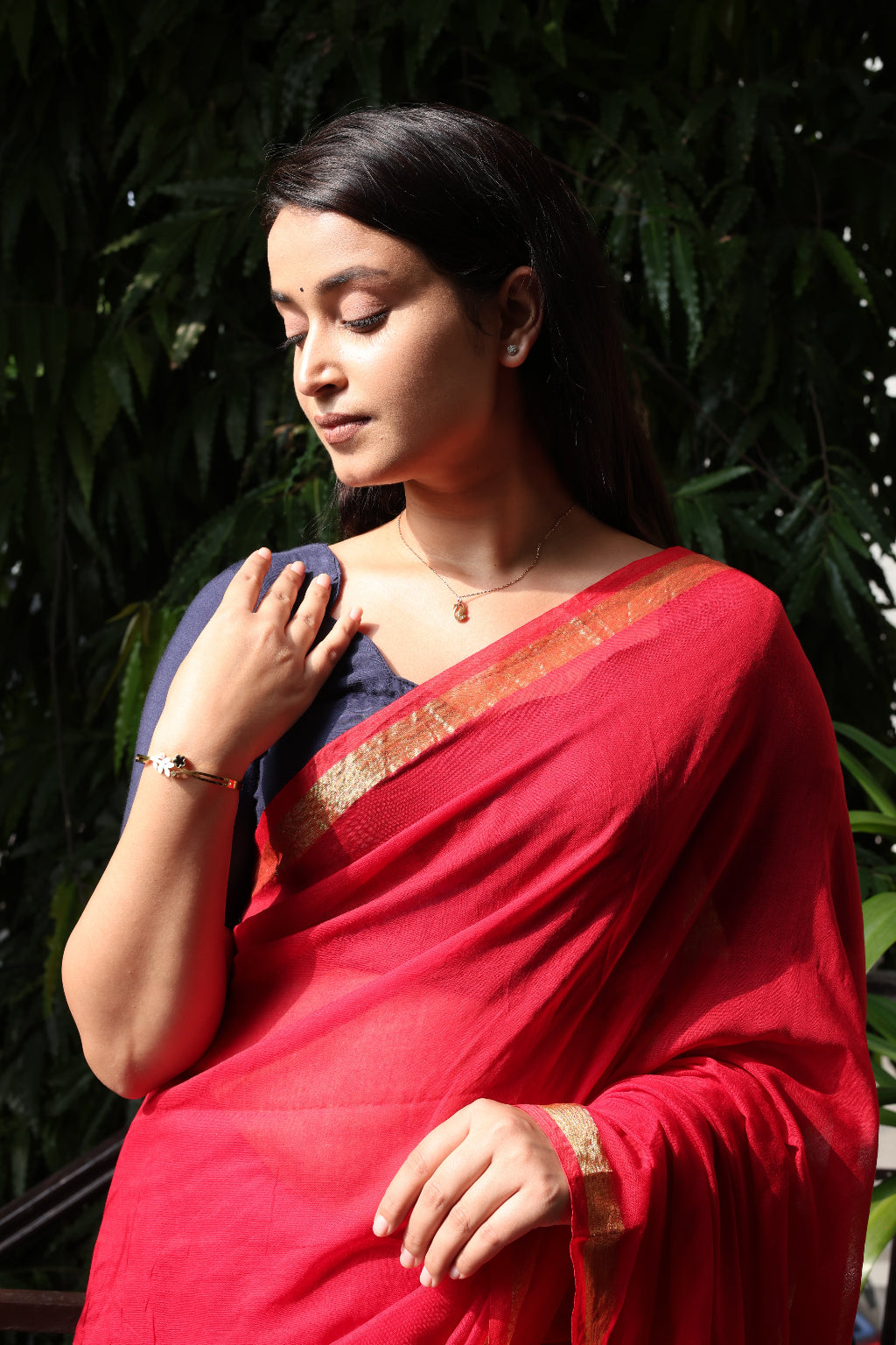 Laalima - Red Mul Cotton Saree with Golden Zari