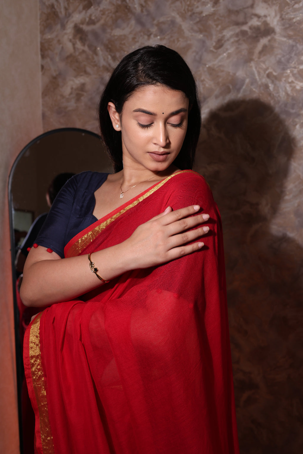 Laalima - Red Mul Cotton Saree with Golden Zari