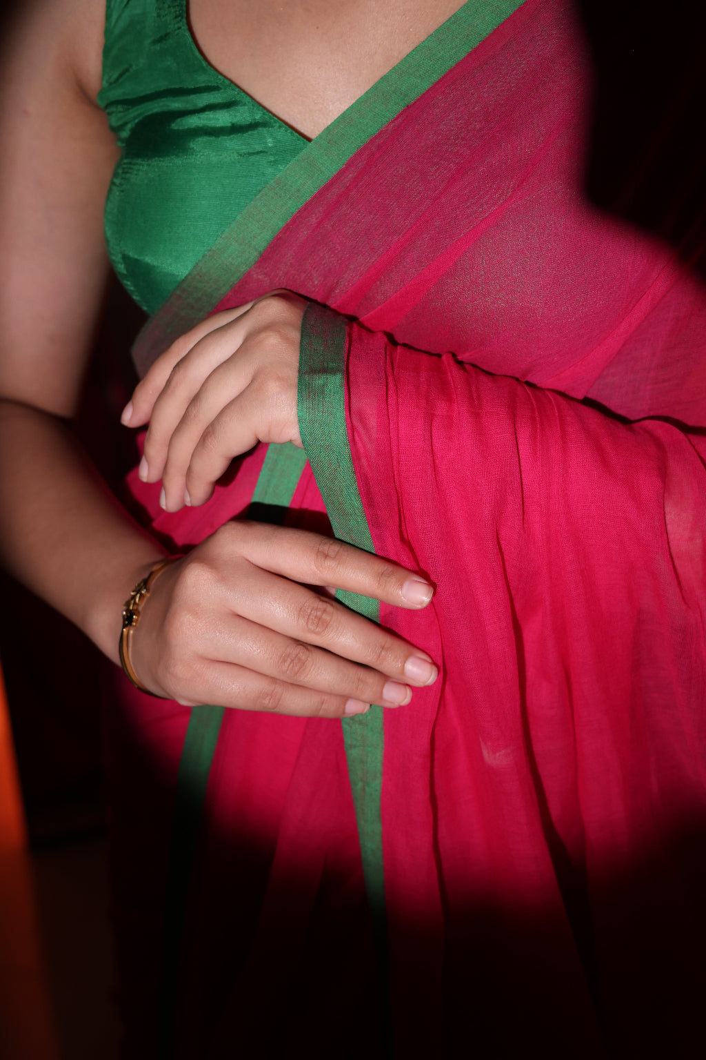Rangili – Rani Pink Mul Cotton Saree with Green Zari