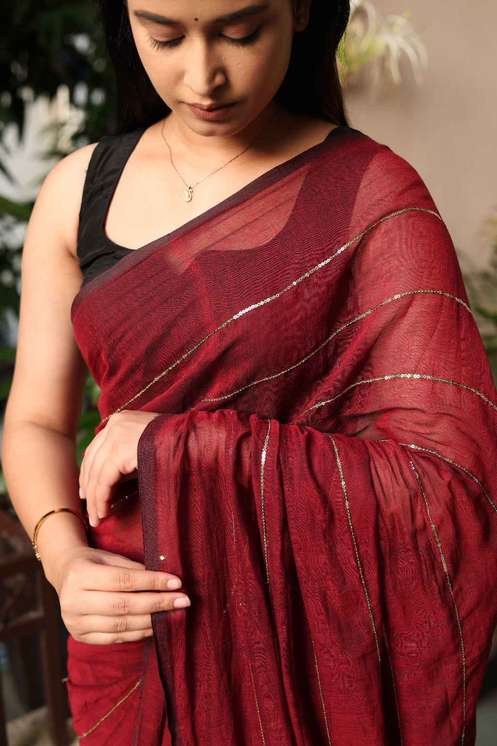 Ruhani – Maroon Mul Cotton Saree with Golden Stripes