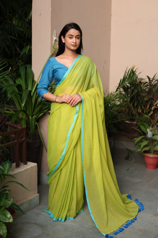 Hariyali - Lime Green Mul Cotton Saree with Blue Border