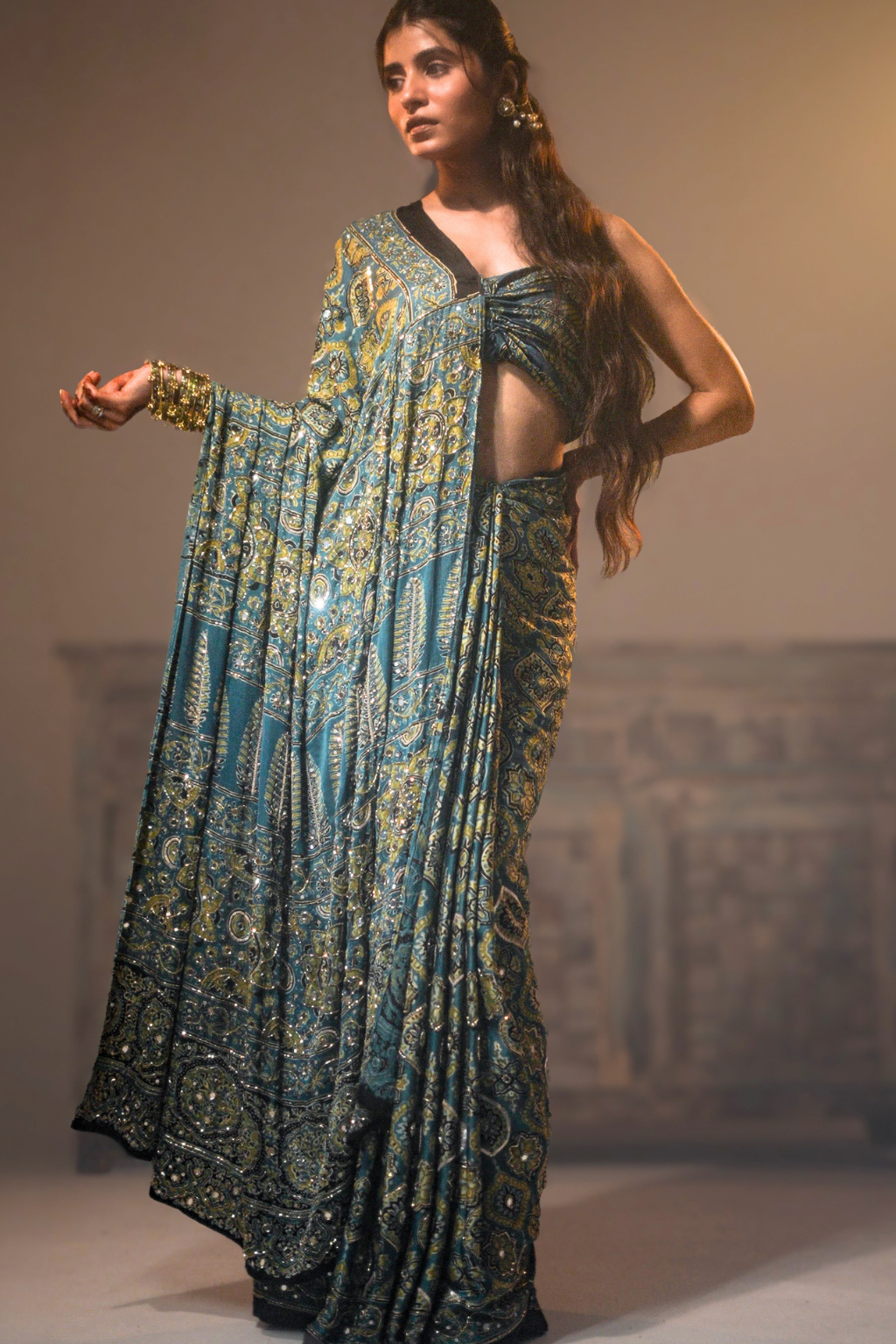 Sheesh Kohinoor - Slate Teal Handcrafted Ajrakh Modal Saree with Cut-Dana, Sequin & Mirror Work
