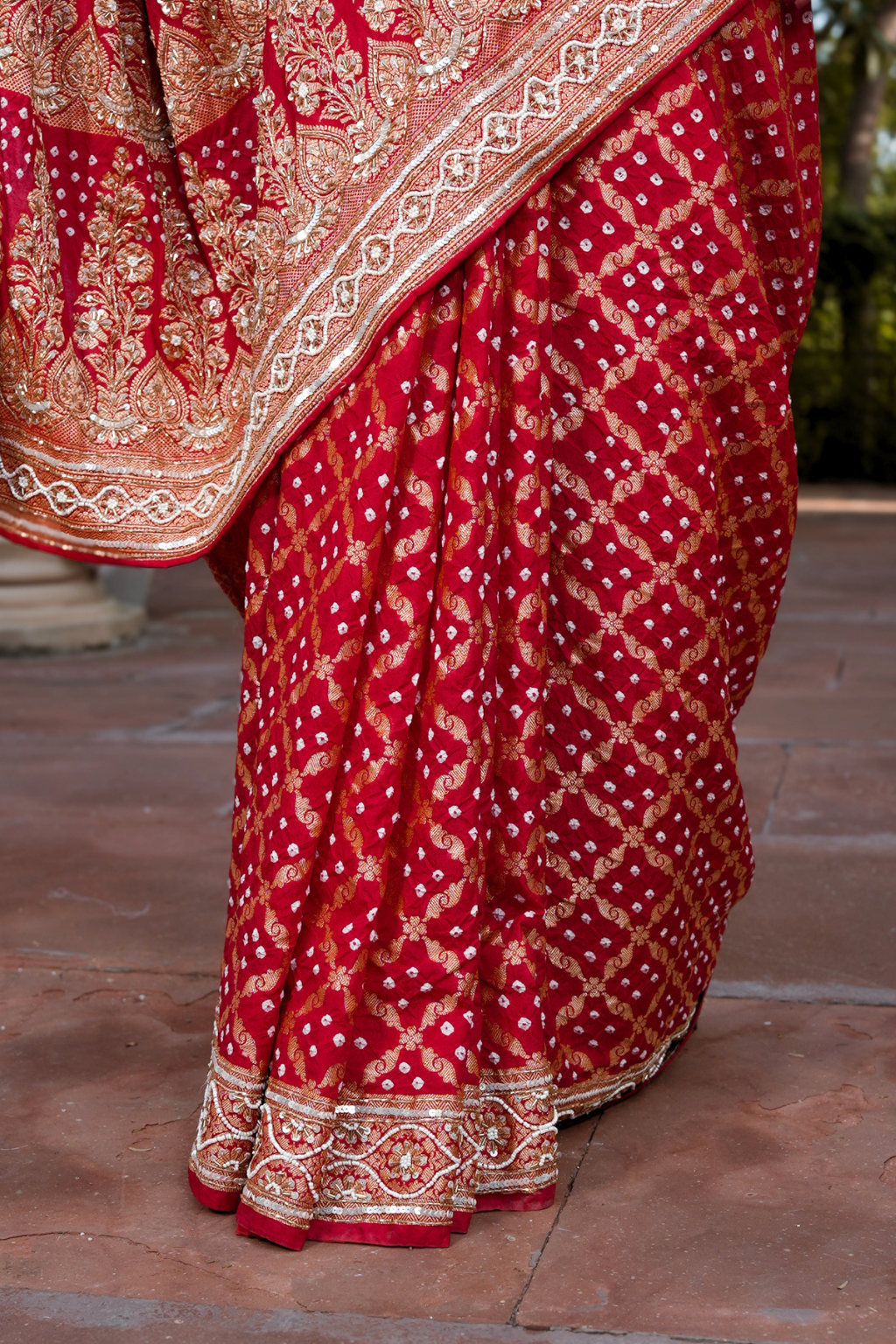Riddhi - Traditional Red Handcrafted Bandhani Saree with Heavy Cut-Dana & Sequin Handwork