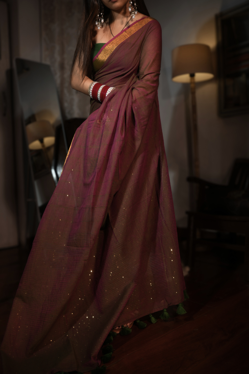 Kastoori Sitara - Deep Rust & Green Pure Mul Cotton Saree with Sequins and Zari Border