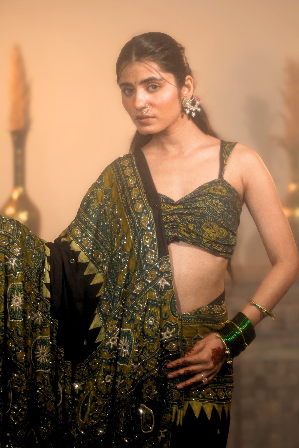Heena - Handcrafted Ajrakh Saree with Real Mirror, Sequin & Cut-Dana Work