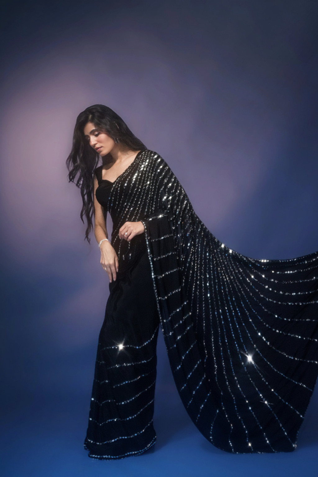 Aaina - Jet Black Chinon Saree with Real Handcrafted Mirror Work