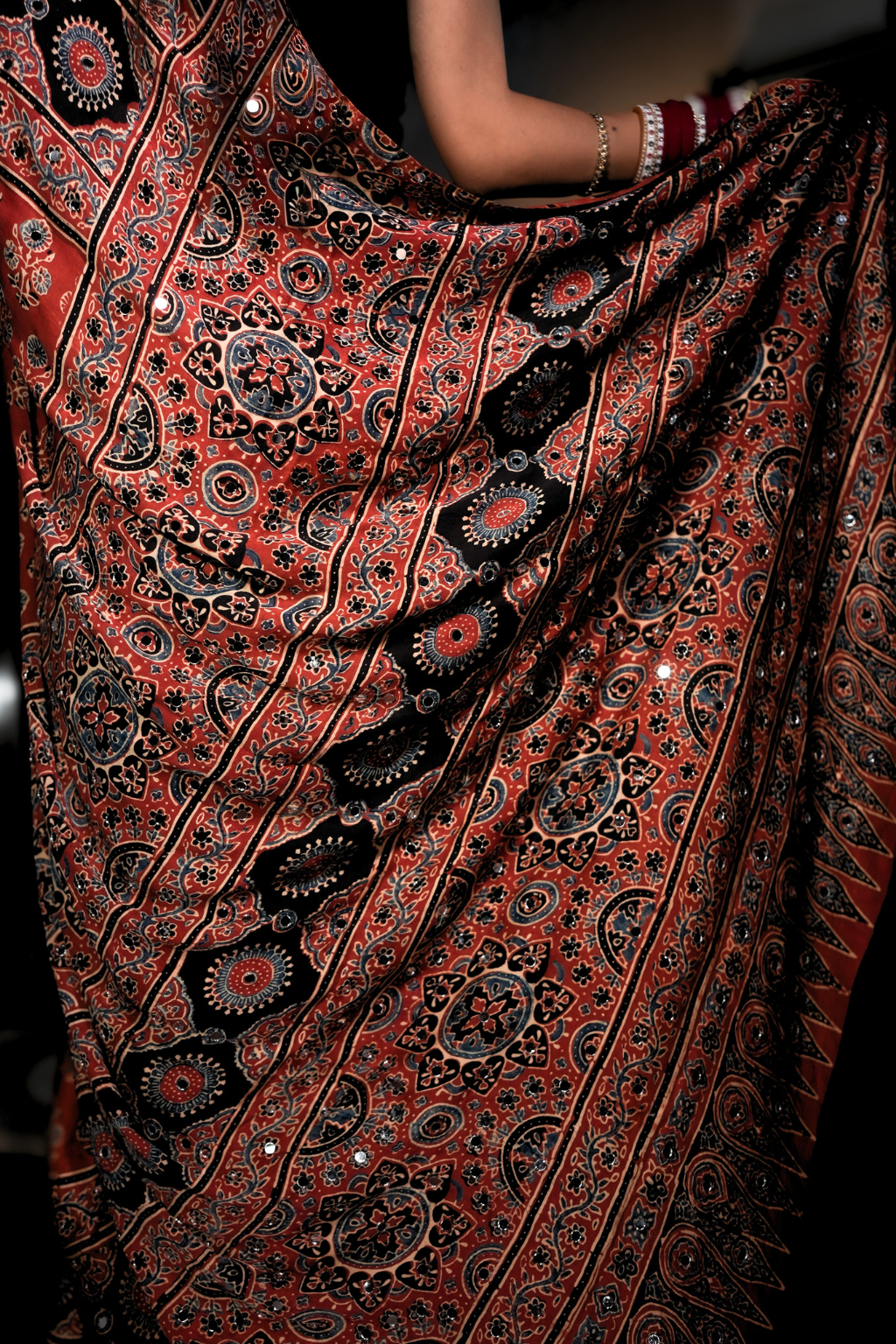 Sheesh Rooh - Handcrafted Ajrakh Modal Silk Saree with Mirror Work