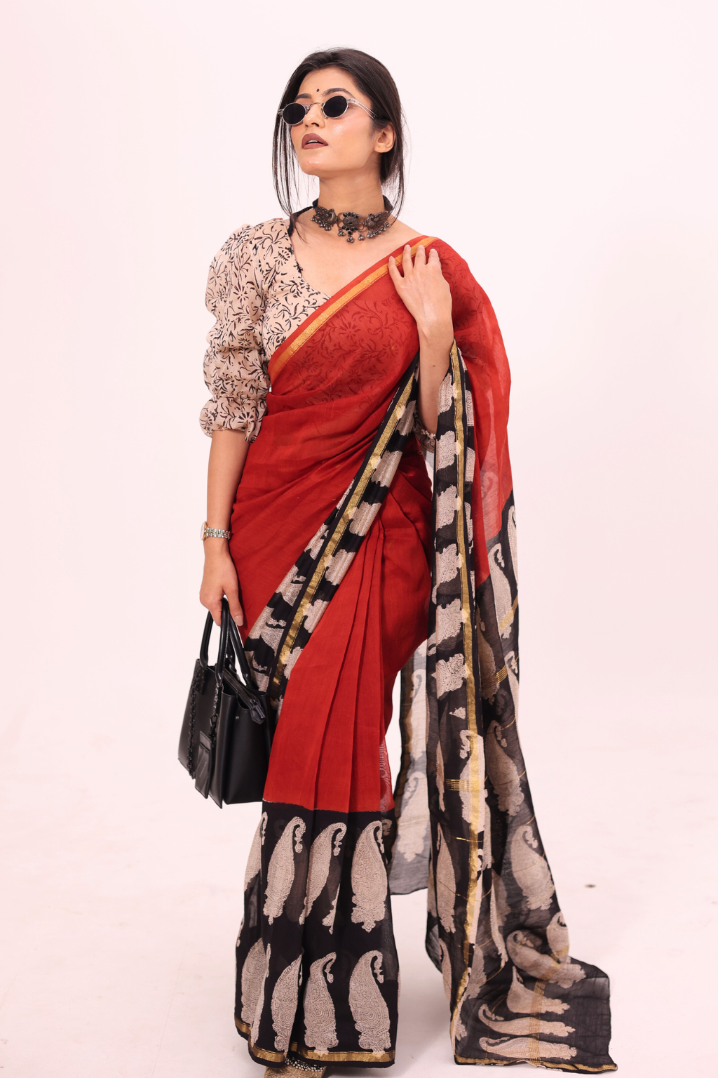 Piku – Earthy Red Chanderi Saree with Paisley Block Prints