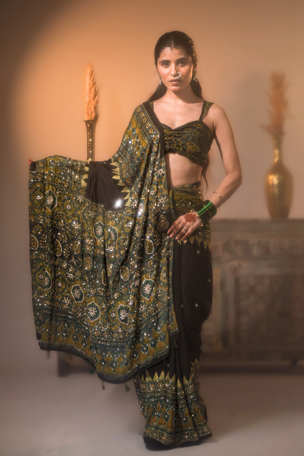 Heena - Handcrafted Ajrakh Saree with Real Mirror, Sequin & Cut-Dana Work