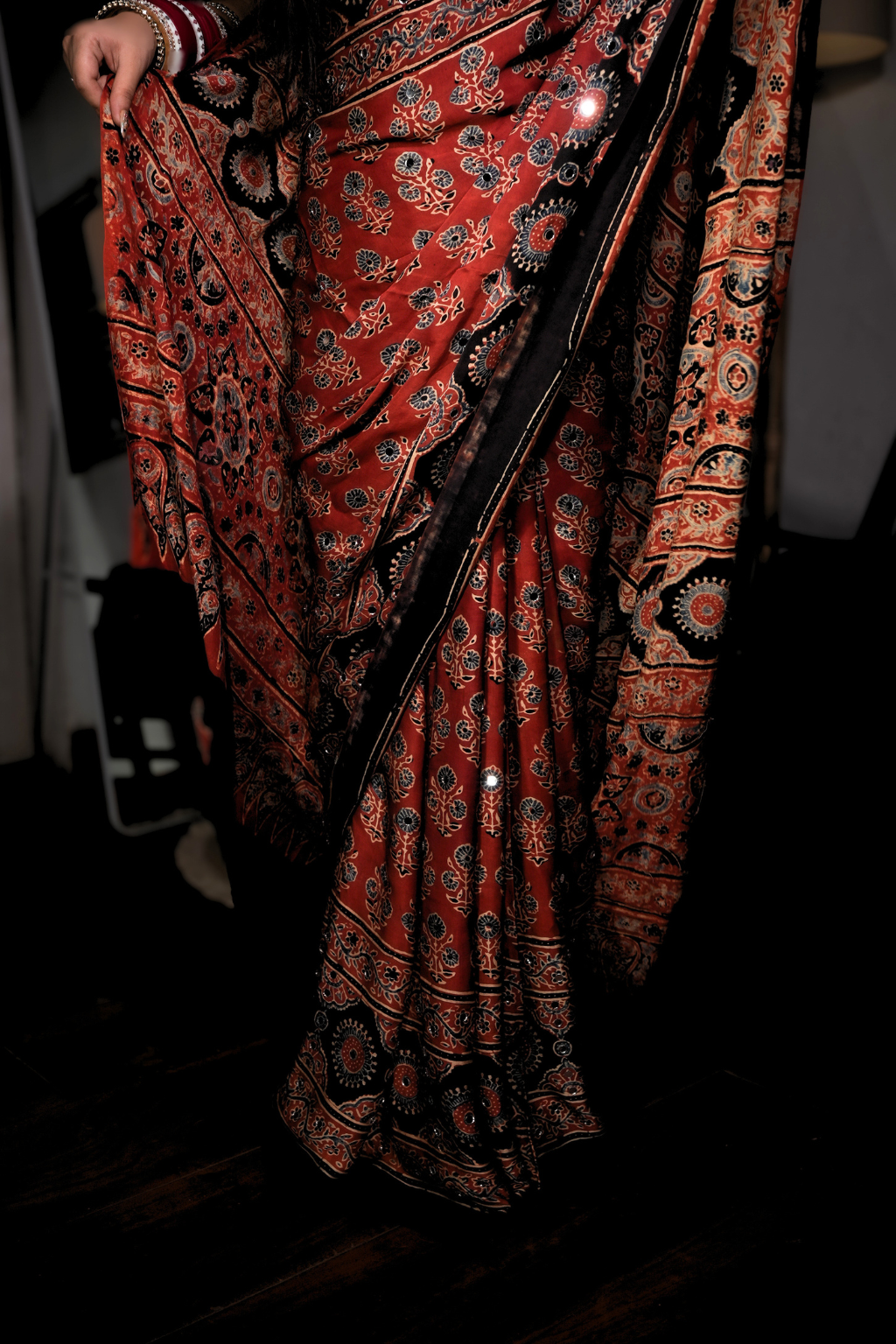 Sheesh Rooh - Handcrafted Ajrakh Modal Silk Saree with Mirror Work