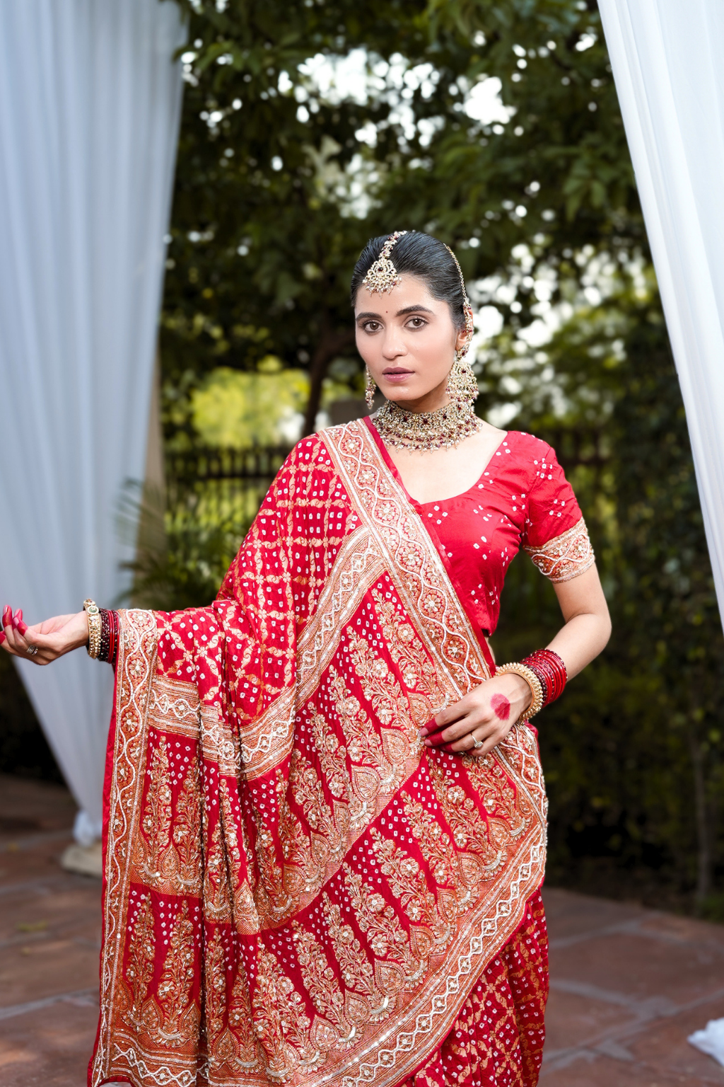 Riddhi - Traditional Red Handcrafted Bandhani Saree with Heavy Cut-Dana & Sequin Handwork