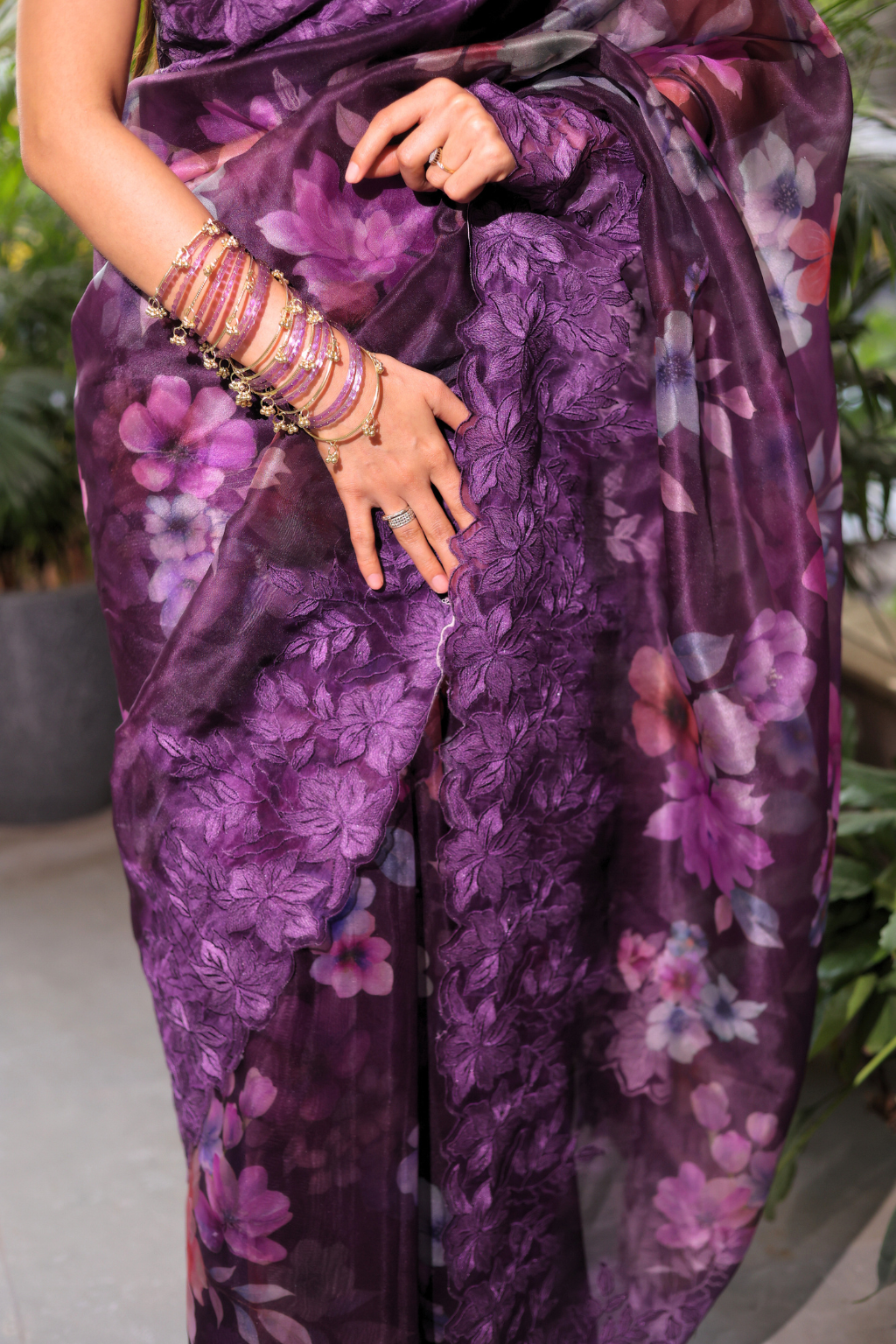 Gul-e-Bahar - Deep Purple Floral Kora Organza Saree with Scalloped Embroidery