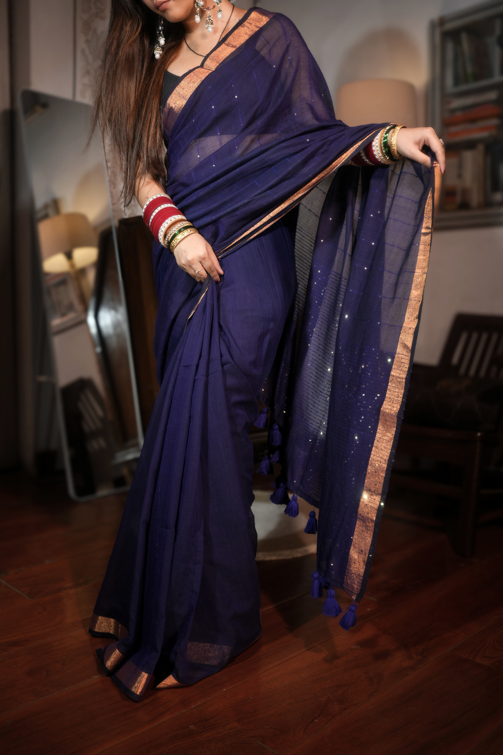 Neel Sitara - Royal Navy Blue Pure Mul Cotton Saree with Sequins & Zari Border