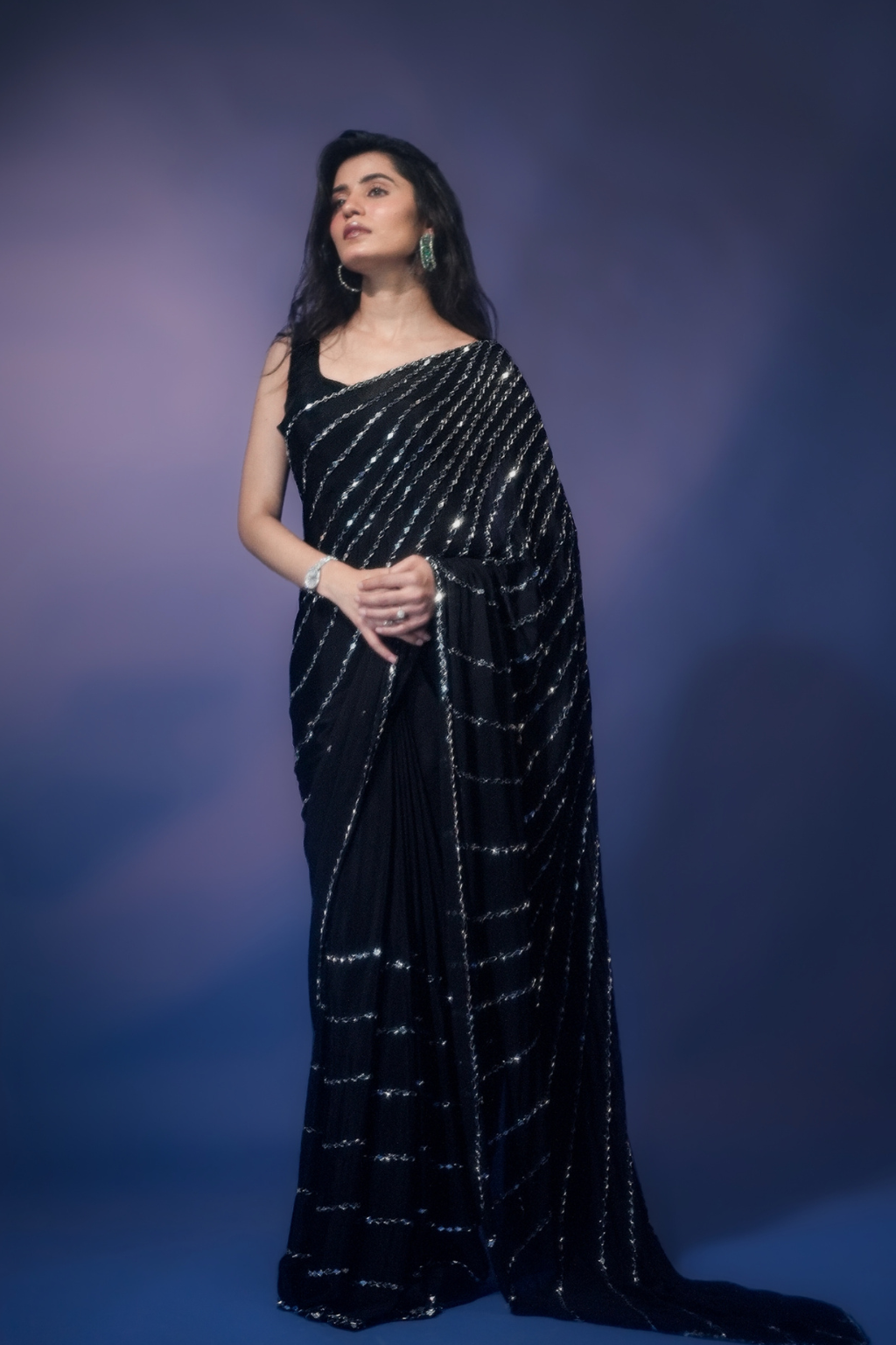 Aaina - Jet Black Chinon Saree with Real Handcrafted Mirror Work