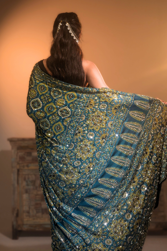 Sheesh Kohinoor - Slate Teal Handcrafted Ajrakh Modal Saree with Cut-Dana, Sequin & Mirror Work