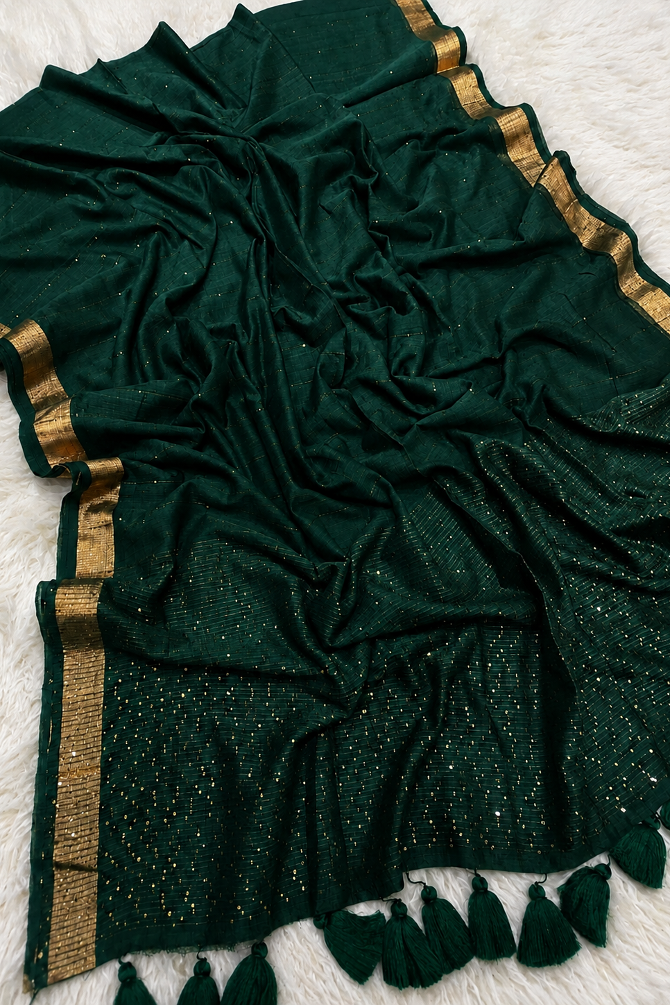 Panna Sitara - Emerald Green Pure Mul Cotton Saree with Sequins & Zari Border