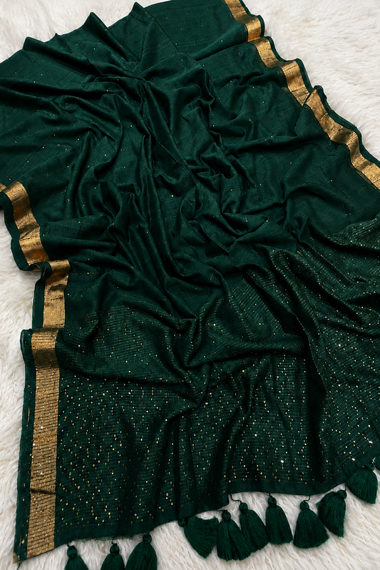 Panna Sitara - Emerald Green Pure Mul Cotton Saree with Sequins & Zari Border