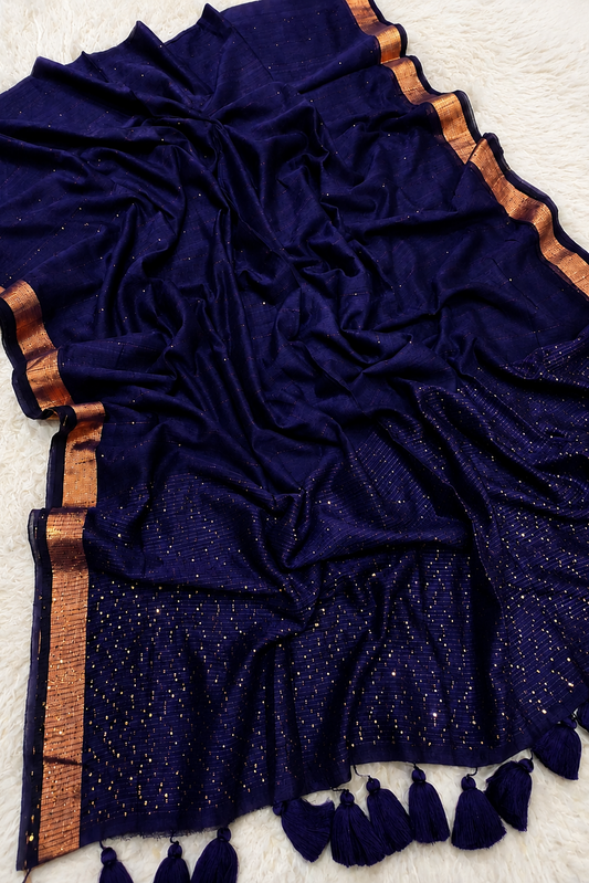 Neel Sitara - Royal Navy Blue Pure Mul Cotton Saree with Sequins & Zari Border