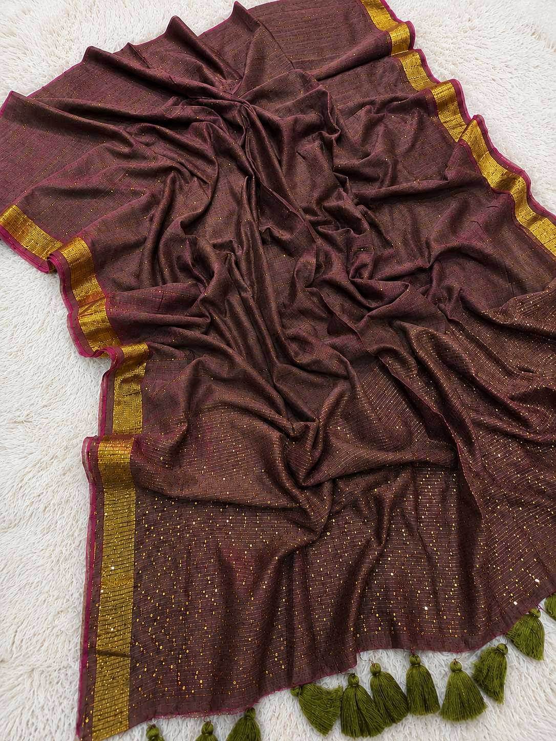 Kastoori Sitara - Deep Rust & Green Pure Mul Cotton Saree with Sequins and Zari Border