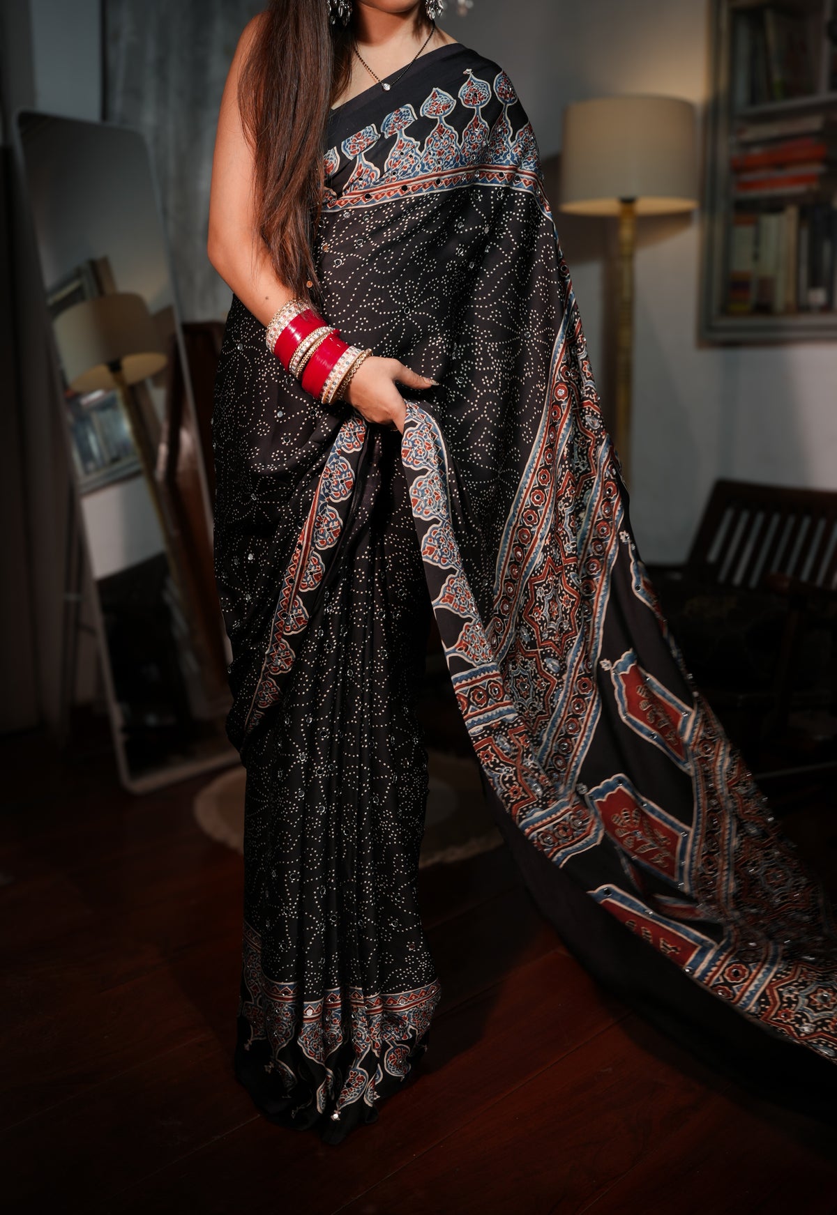 Sheesh Mumtaz - Midnight Black Ajrakh Modal Silk Saree with Architectural Pallu & Mirror Work