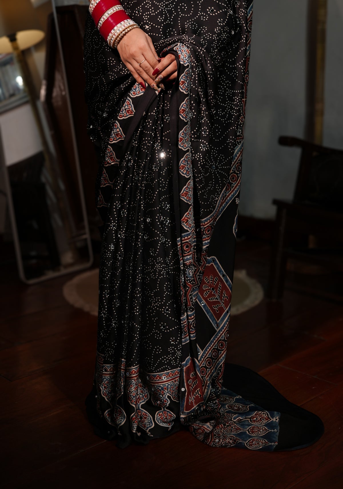 Sheesh Mumtaz - Midnight Black Ajrakh Modal Silk Saree with Architectural Pallu & Mirror Work