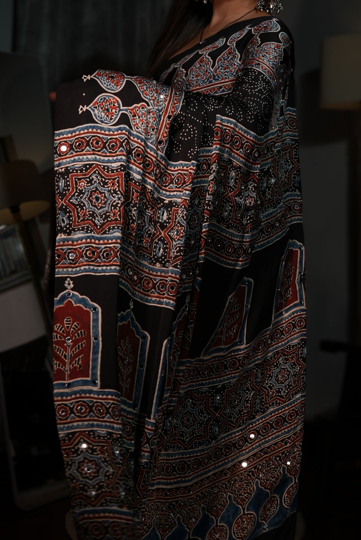 Sheesh Mumtaz - Midnight Black Ajrakh Modal Silk Saree with Architectural Pallu & Mirror Work