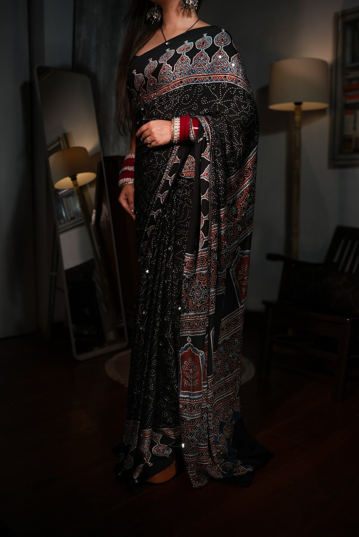Sheesh Mumtaz - Midnight Black Ajrakh Modal Silk Saree with Architectural Pallu & Mirror Work