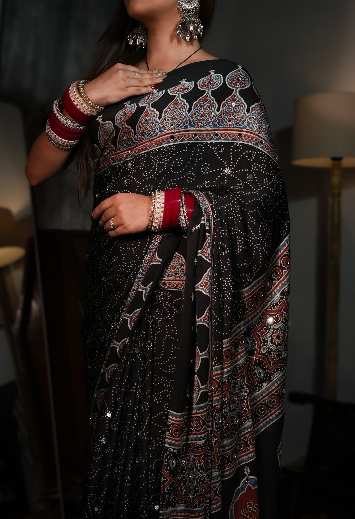 Sheesh Mumtaz - Midnight Black Ajrakh Modal Silk Saree with Architectural Pallu & Mirror Work