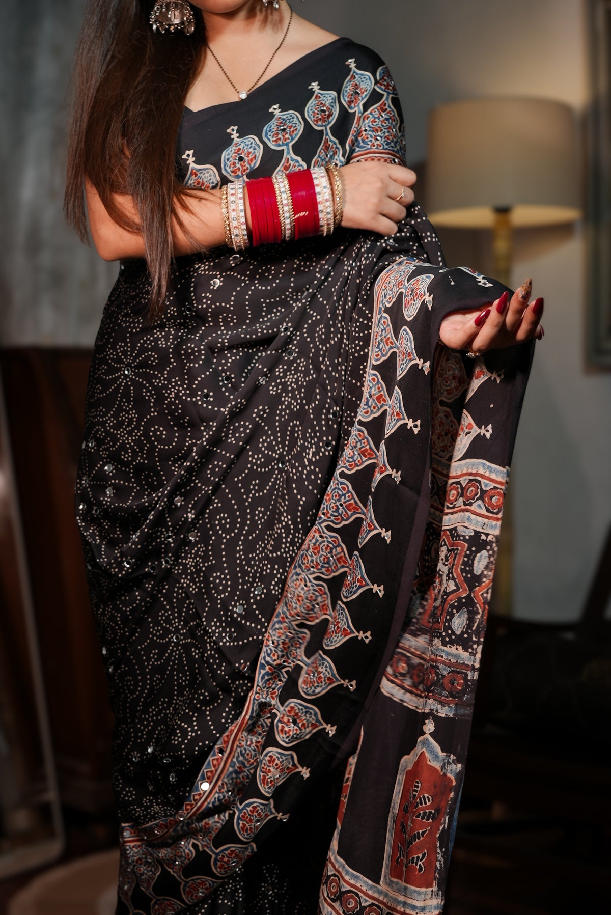 Sheesh Mumtaz - Midnight Black Ajrakh Modal Silk Saree with Architectural Pallu & Mirror Work