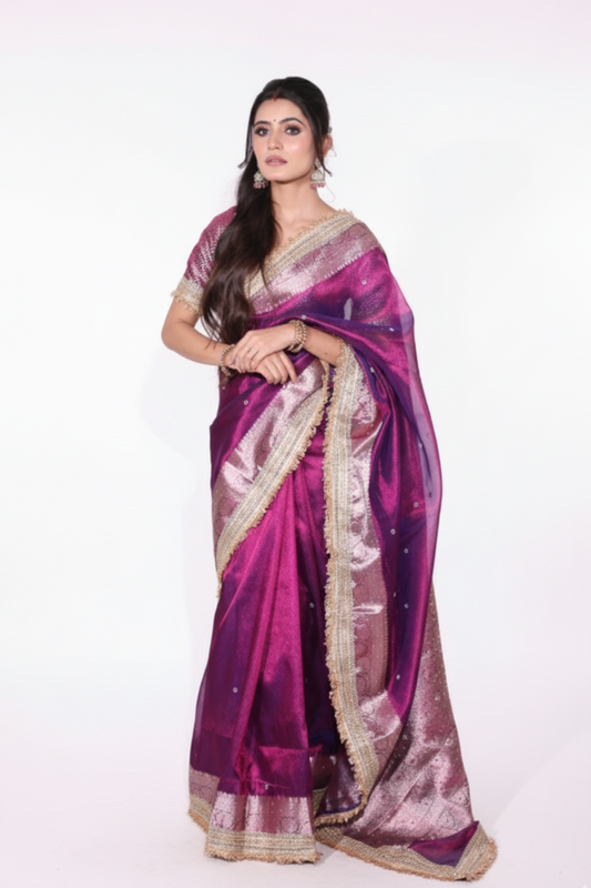 Rani - A regal banarasi tissue silk saree in a vibrant fuchsia, with a stunning golden zari border
