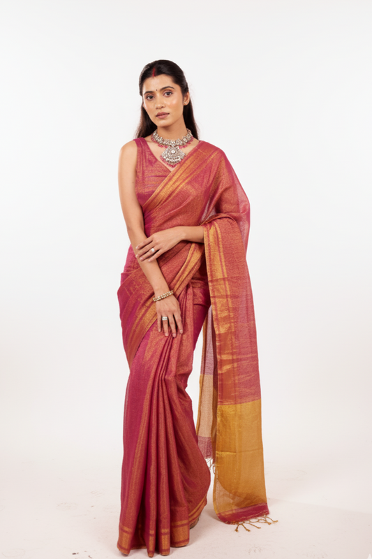 Apsara(Deep Maroon/Plum ) - Shimmering Tissue-Linen Saree for Festive Celebrations