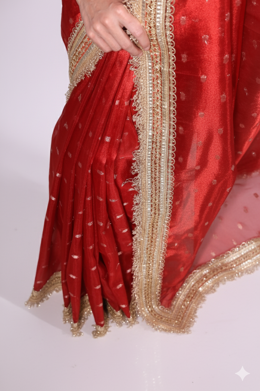 Kumkum – A banarsi silk saree in auspicious red, with shimmering golden butis and an intricate zari border.