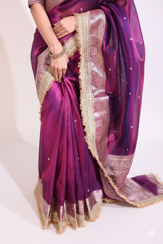 Rani - A regal banarasi tissue silk saree in a vibrant fuchsia, with a stunning golden zari border