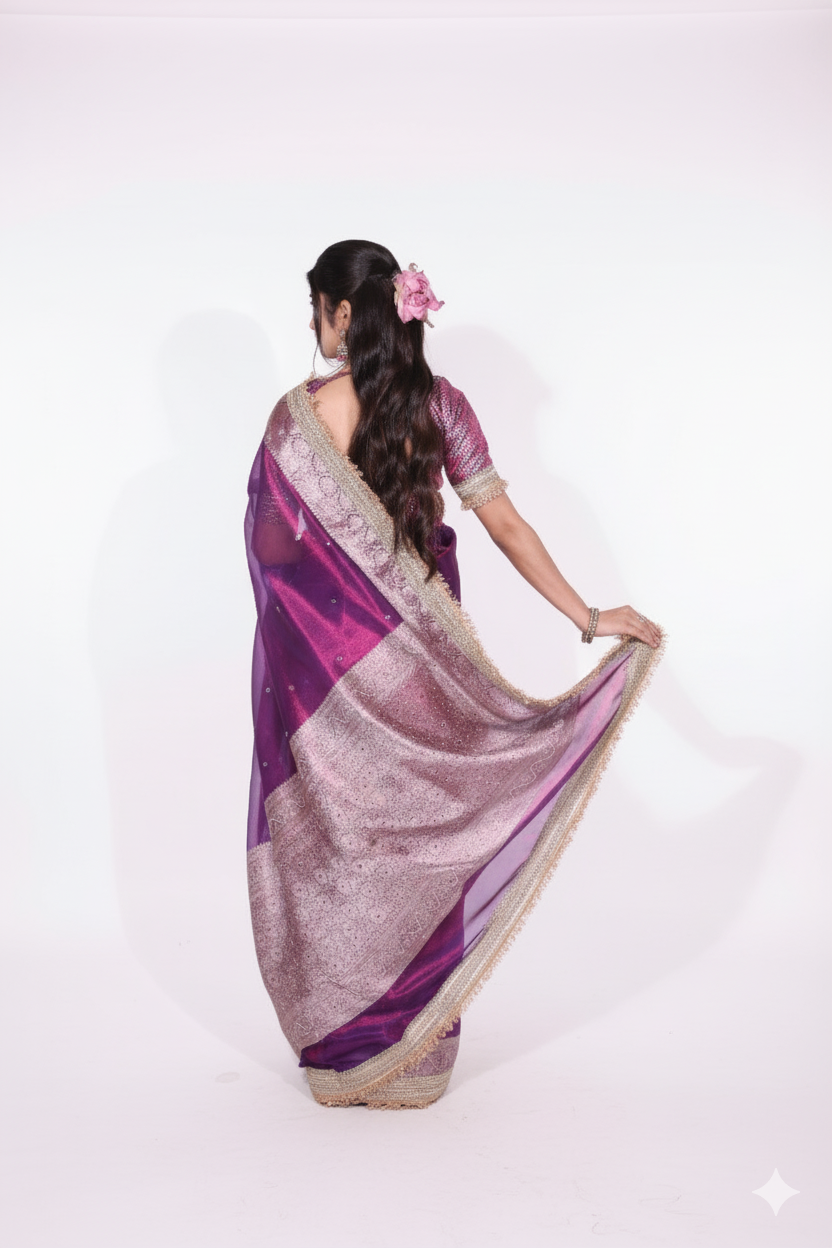 Rani - A regal banarasi tissue silk saree in a vibrant fuchsia, with a stunning golden zari border